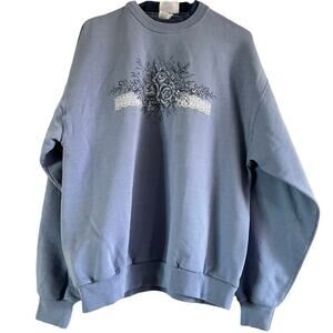 Vintage Morning Sun Floral Rose Sweatshirt Crew Neck Rib Trim Cotton Blue Large